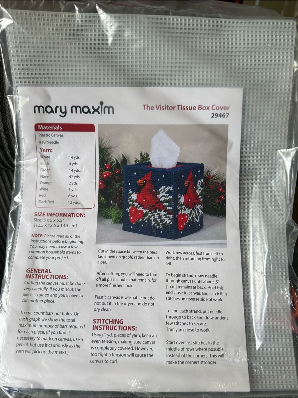 Mary Maxim Plastic Canvas Tissue Box Cover Kit Christmas Cardinal